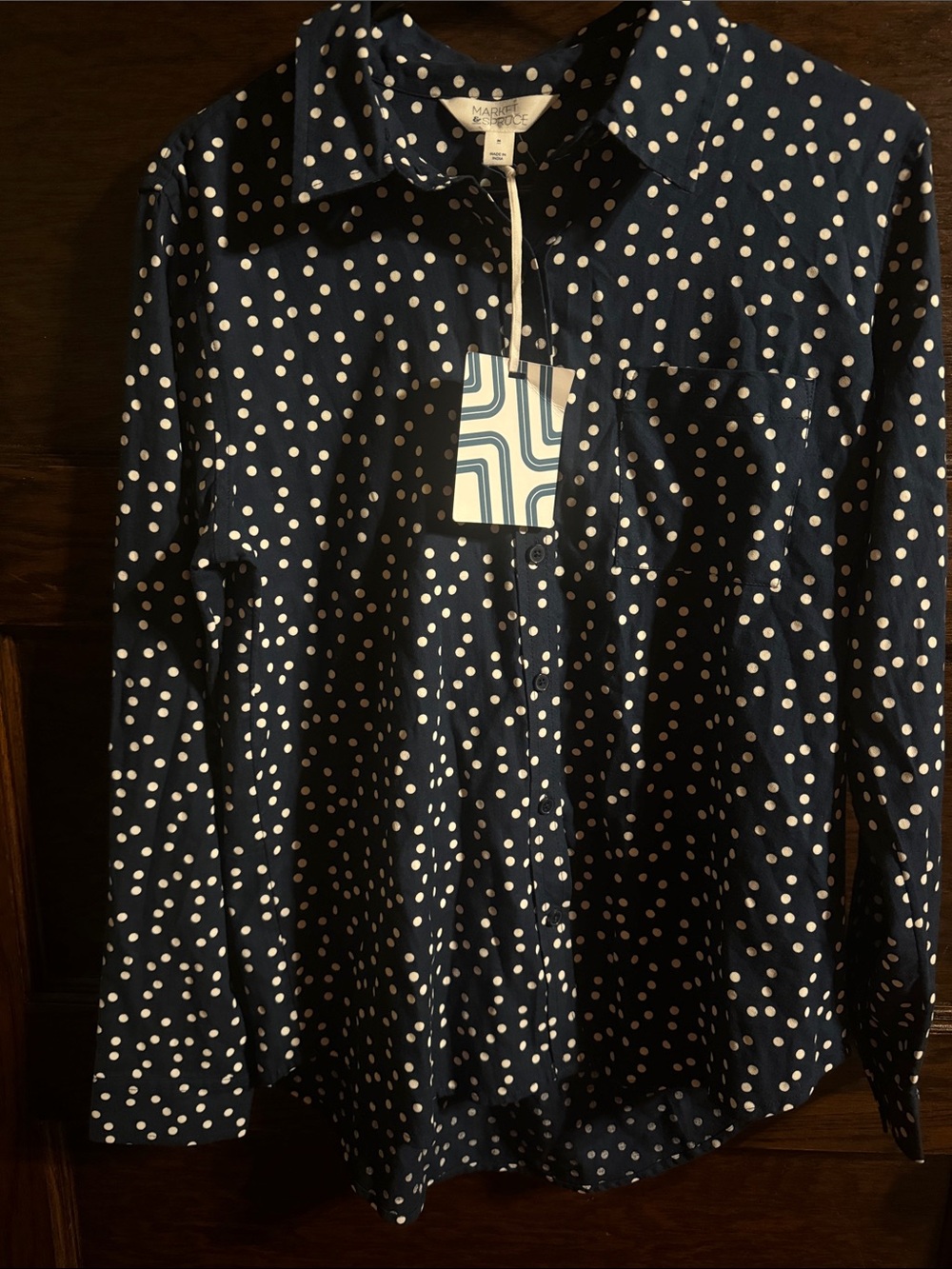 Market Spruce Navy and White Polka Dot Button-Down Shirt, NWT